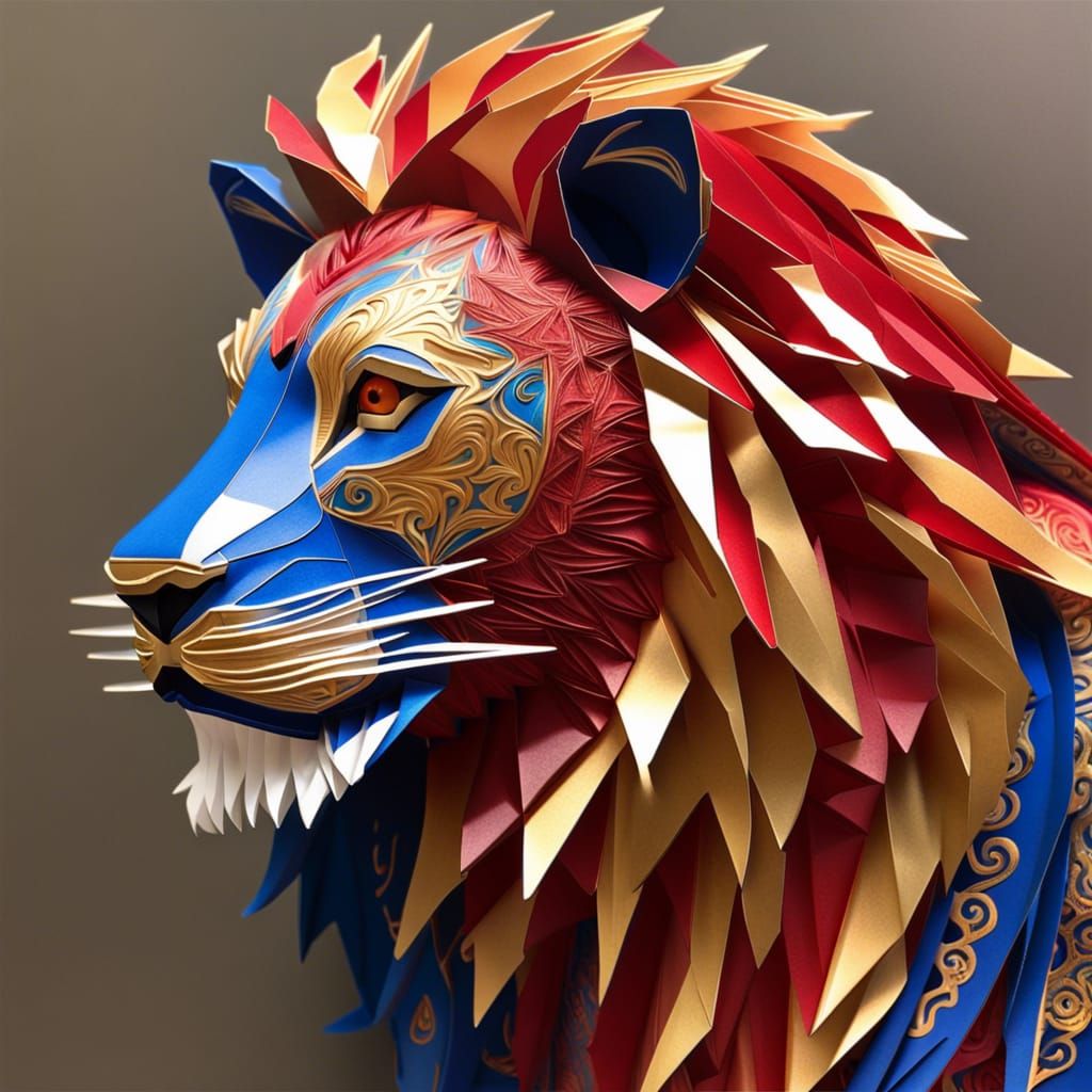 Epic Lion Origami in Royal Blue, Red & Gold
