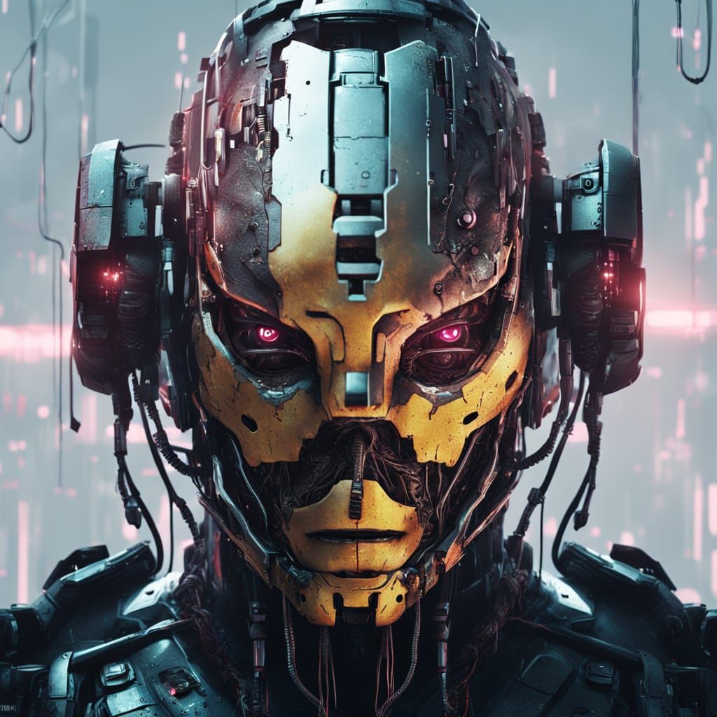 Cyberpunk Cyborg Head with Decaying Flesh