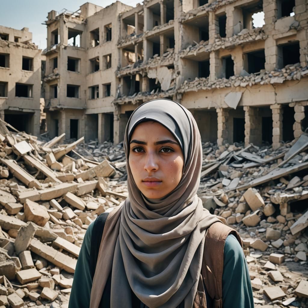 Resilient Woman in War-Torn Lebanon: Photorealistic Portrait