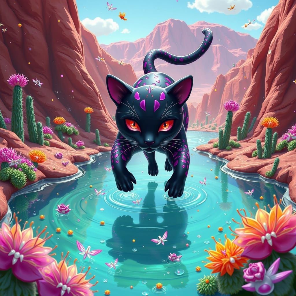 Cat Leaps into Turquoise Water in Dreamlike Landscape