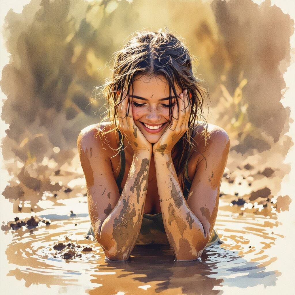 Teenage Girl Joyfully Covered in Mud Watercolor Painting