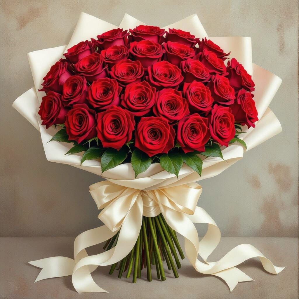 Romantic Realism: Red Roses with White Ribbon