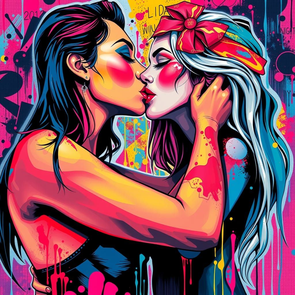 Kissing Women Graffiti Art in Synthwave Style