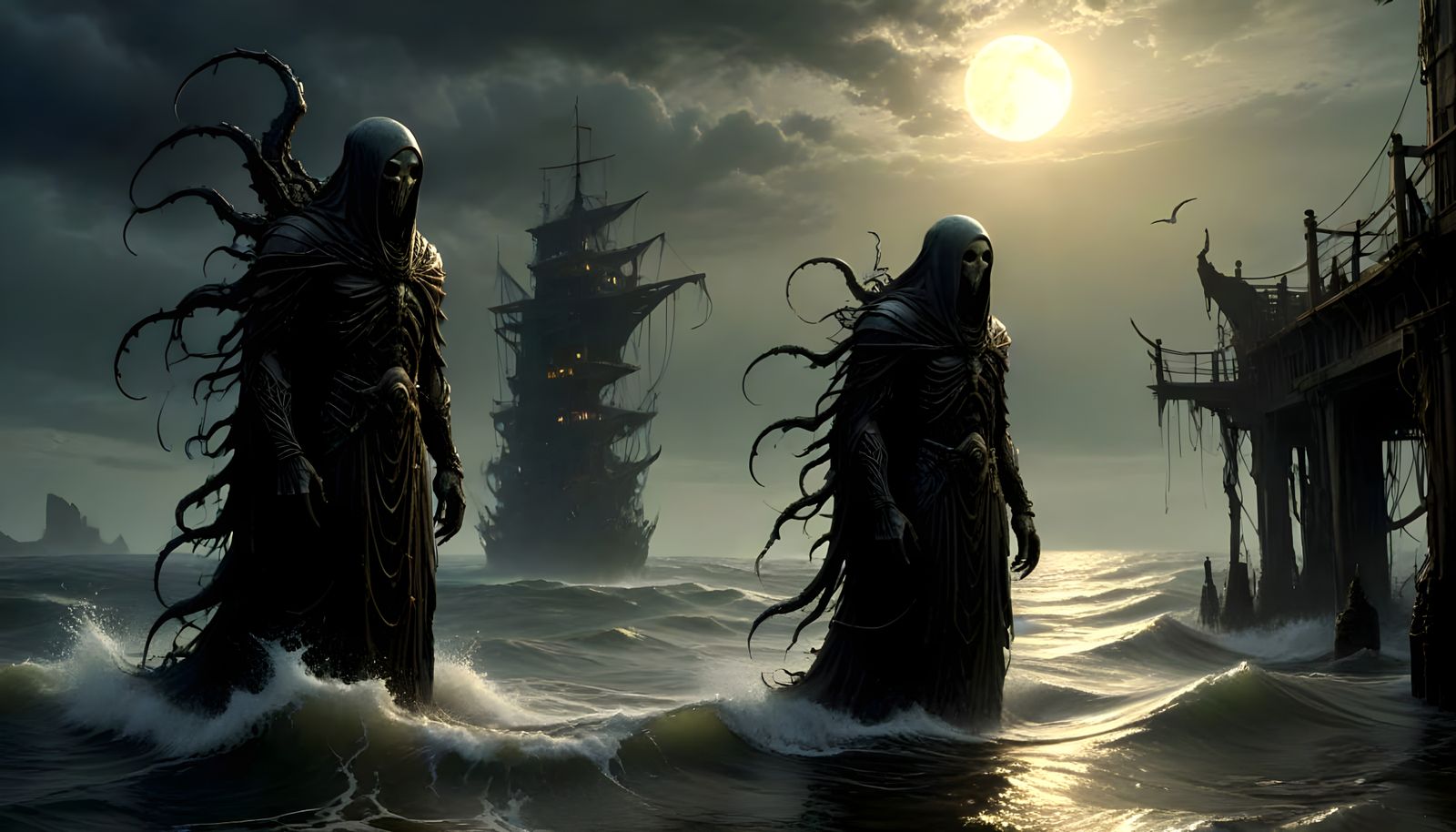 Cultists Gaze in Horror at Sea, Detailed Painting