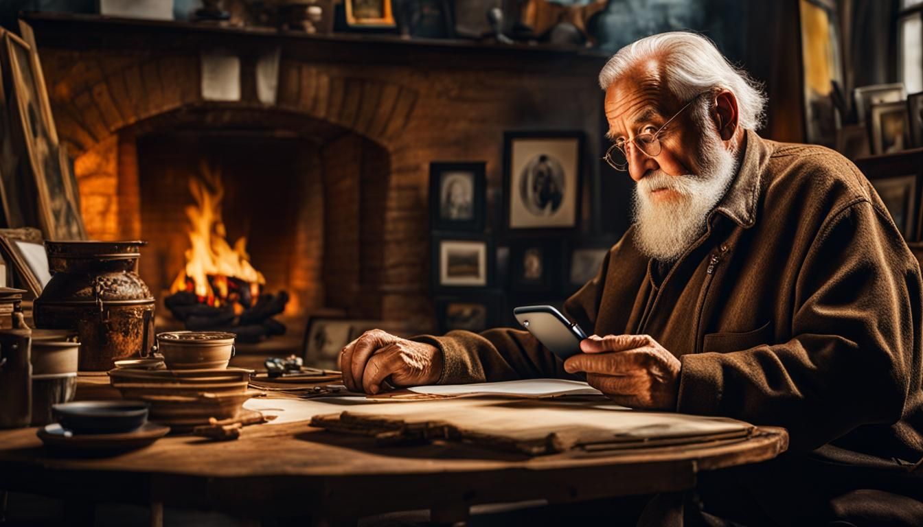 Old Artist Portrait in Detailed Art Studio