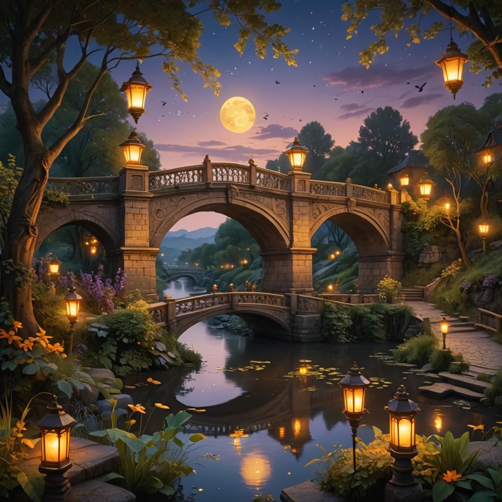 Quaint Bridge Over Serene River: Mannerist Matte Painting
