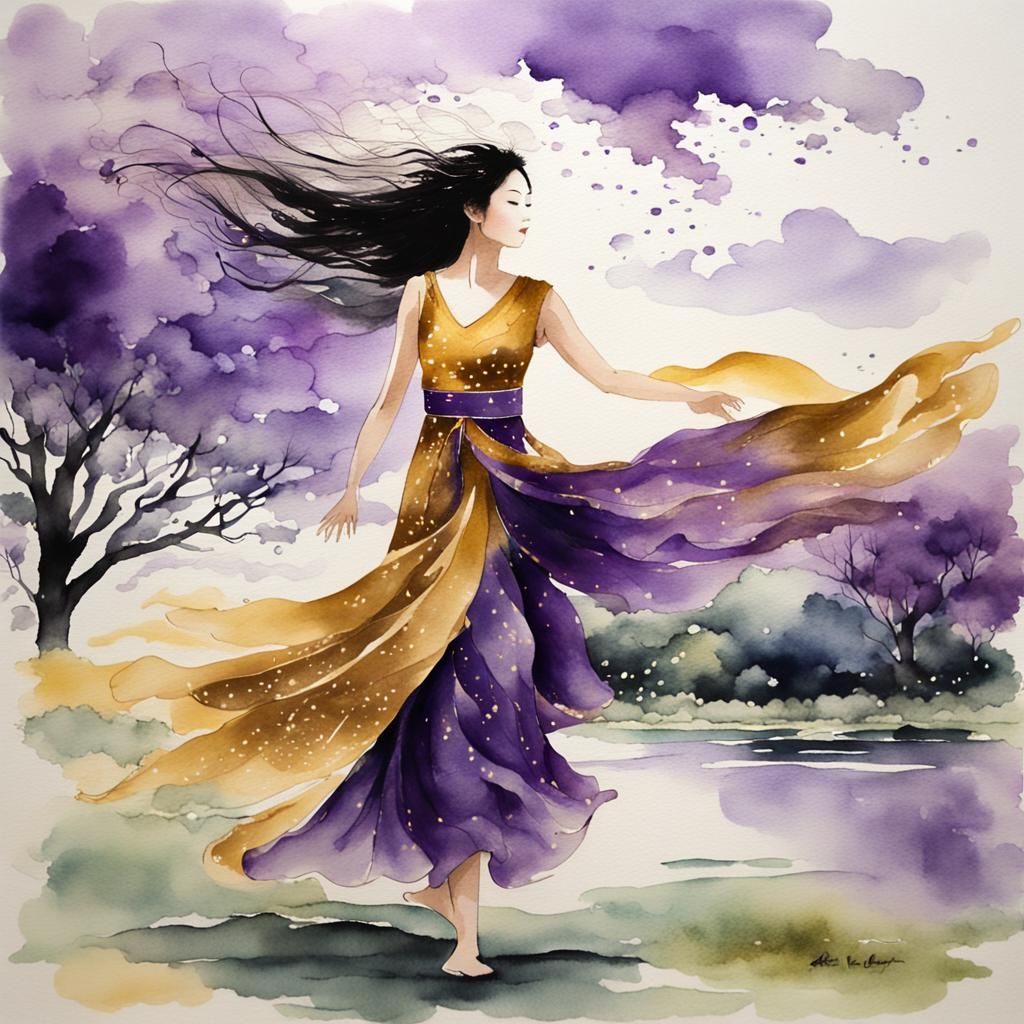 Asian Woman in Wind, Yoshitaka Amano Style