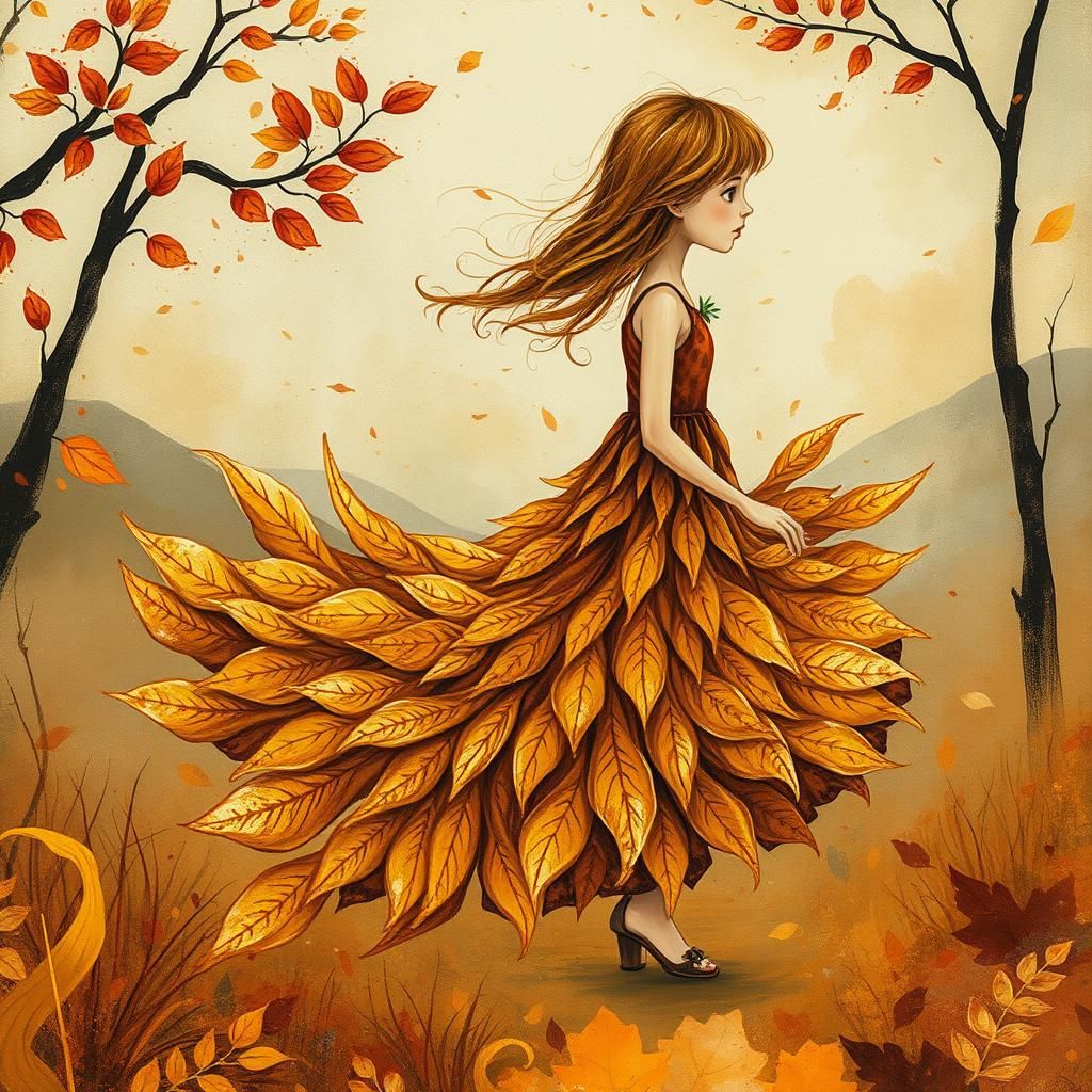 Autumn Girl in Leaf Dress, Mixed Media Illustration