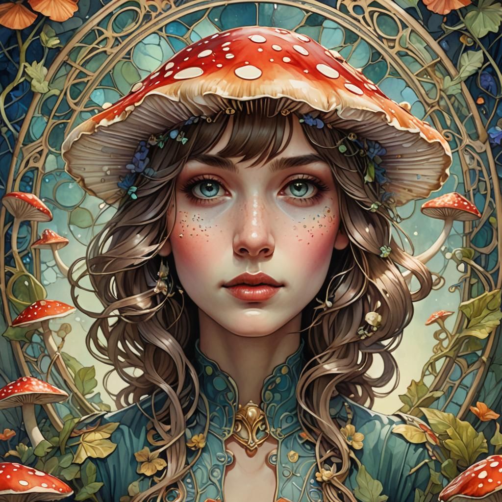 Art Nouveau Toadstool Portrait in Watercolor