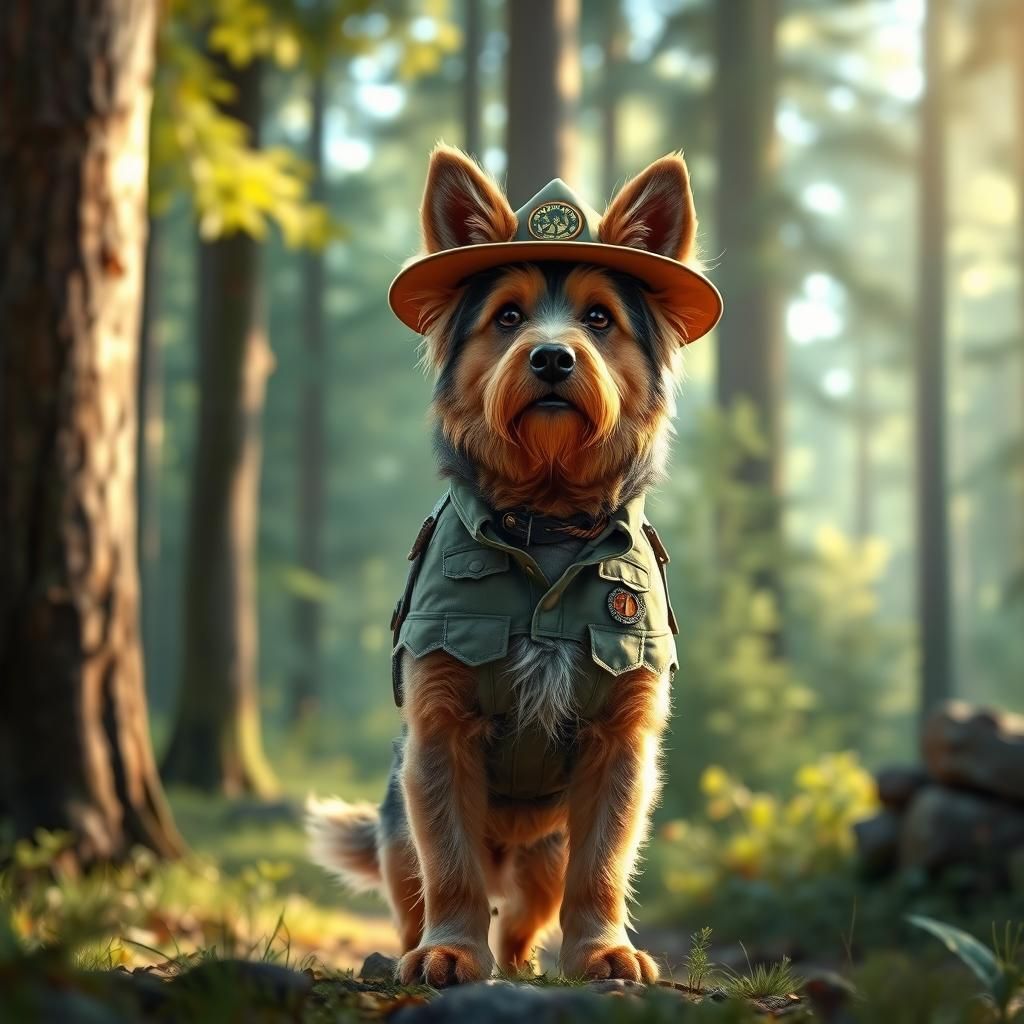 Fluffy Dog Park Ranger in Forest, Digital Art