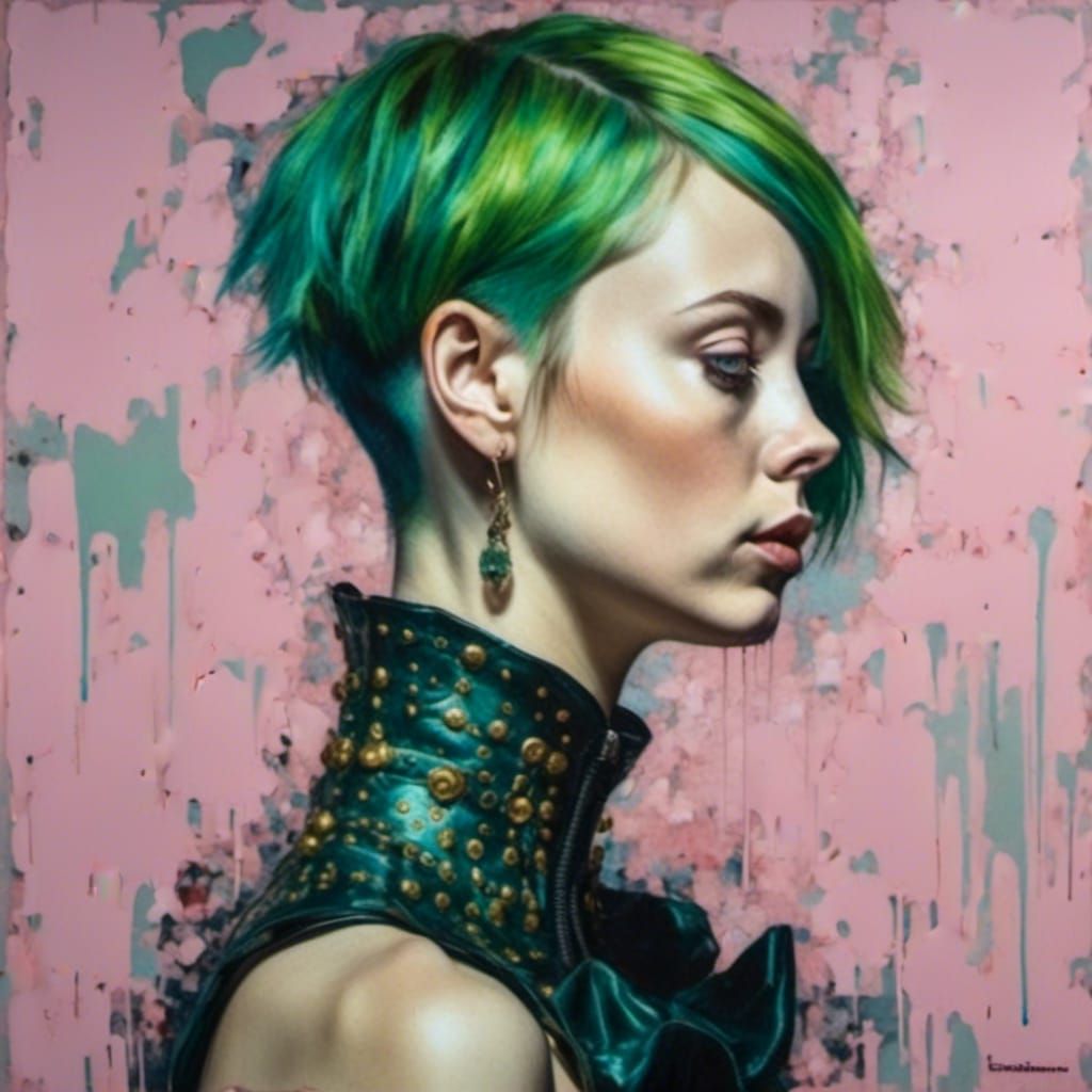 Woman with Green Hair in Collage Portrait