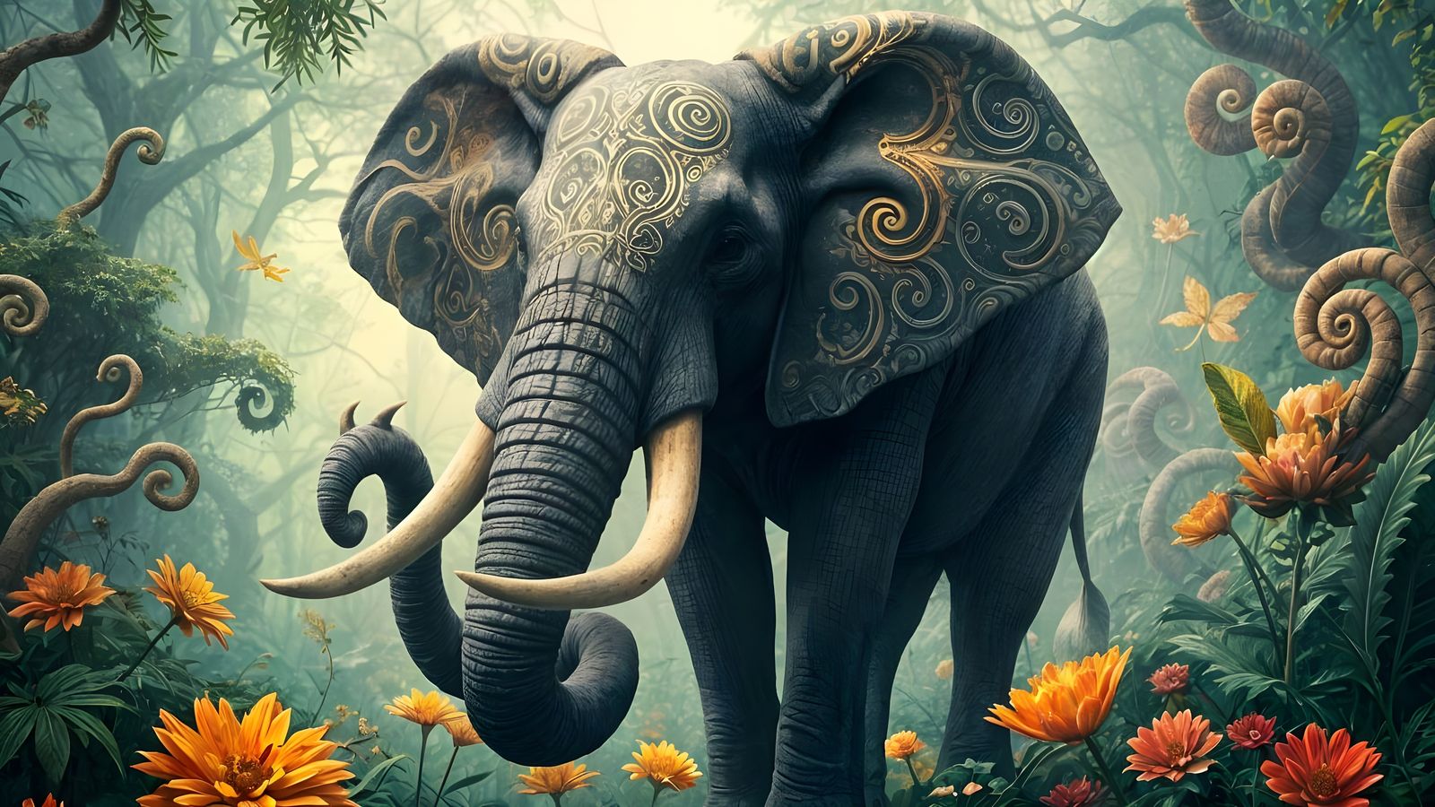 Whimsical Elephant in Ethereal Jungle, Gothic Art
