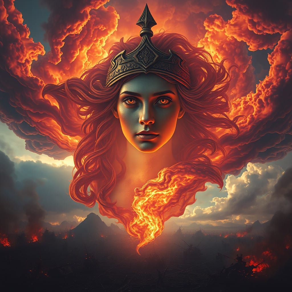 Ethereal Goddess of War Suspended Over a Ravaged Battlefield