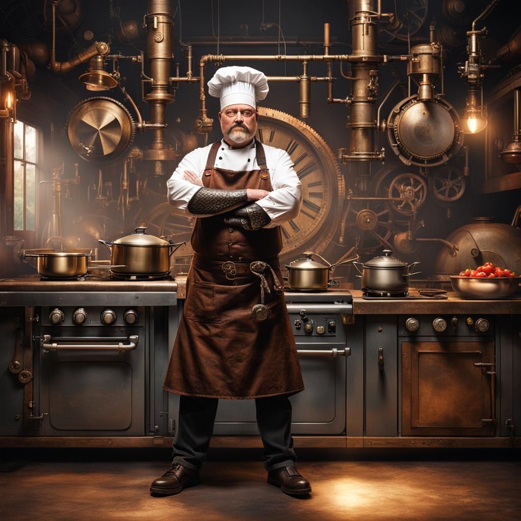 Steampunk Chef in Kitchen with Dynamic Lighting