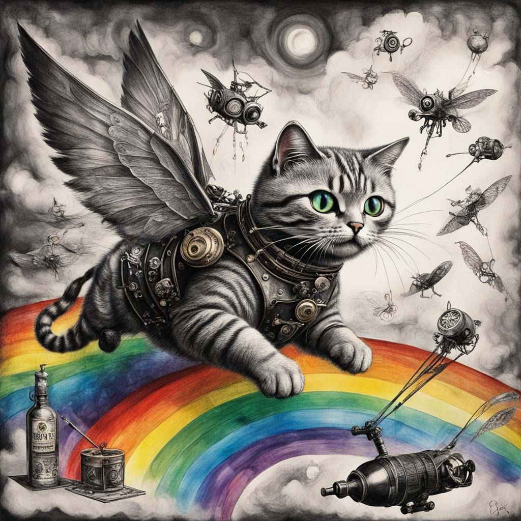 Steampunk Cats Flying: Surreal Crayon Rayograph
