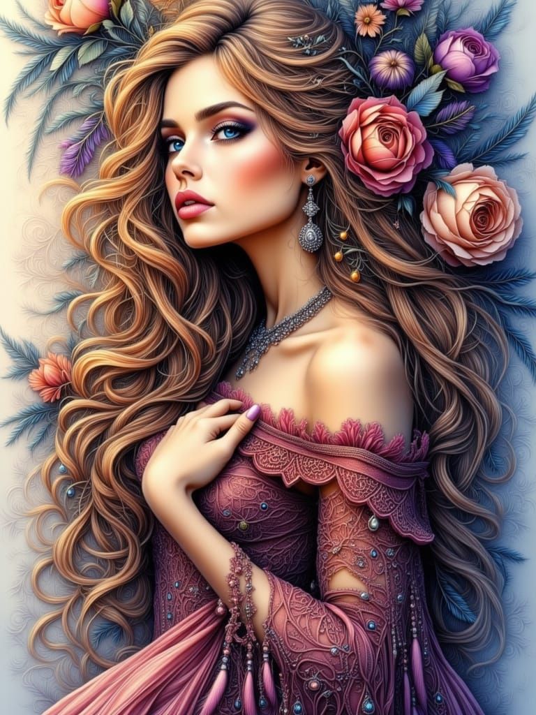 Splash Paint Portrait of Elegant Woman with Wild Hair