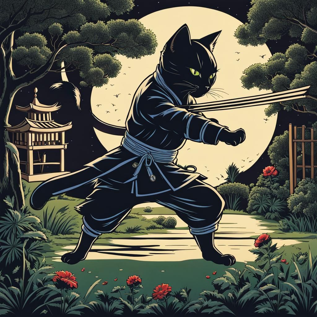 Ninja Cat Martial Arts in Moonlit Garden