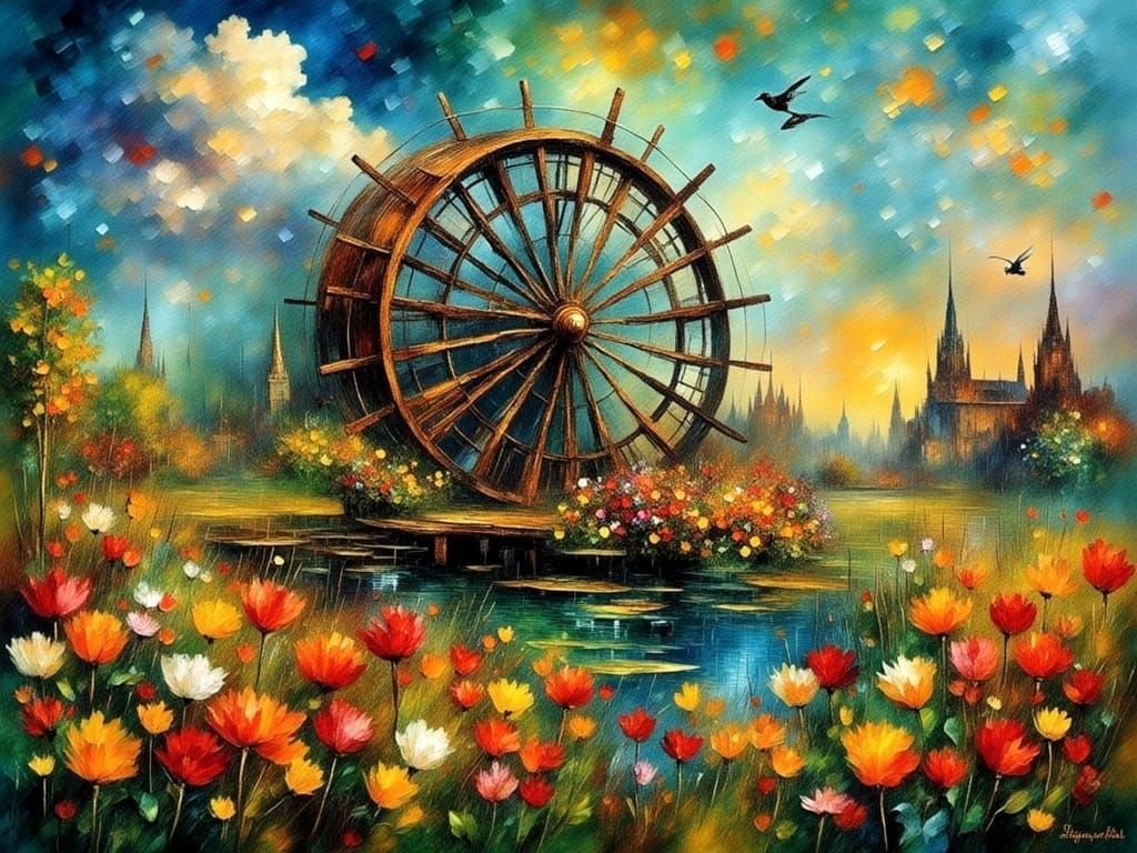 Rustic Waterwheel Scene in a Vibrant Floral Landscape