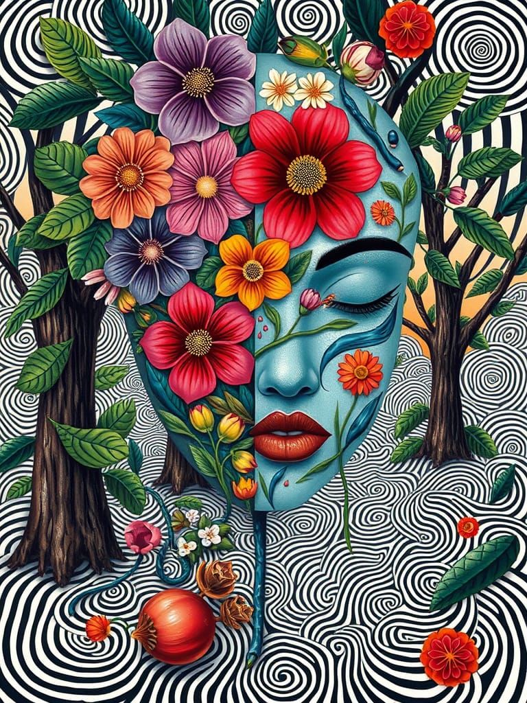 Floral Face in Geometric Op Art Style