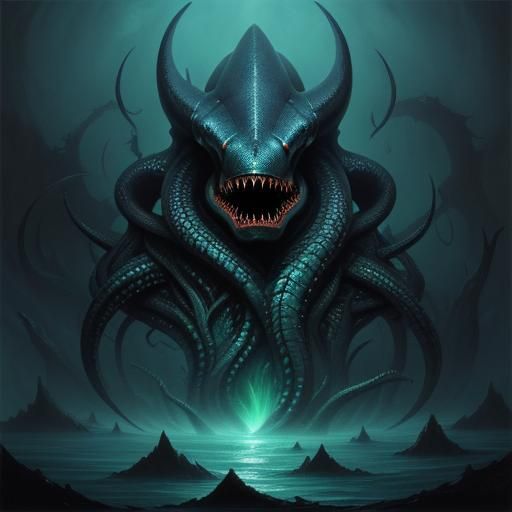 Dreamlike Shark Hydra in Dark Fantasy Oil Painting