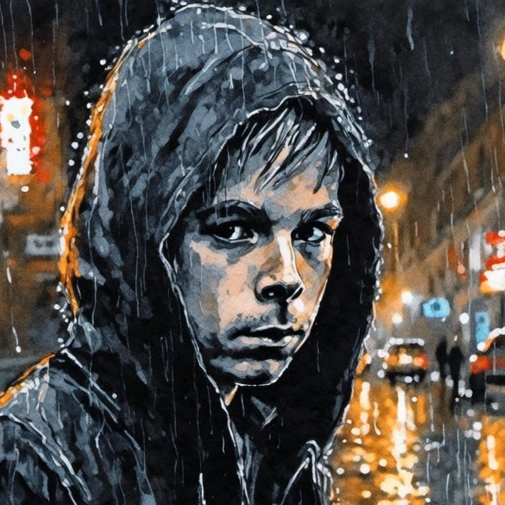 Neon Noir Anime Portrait of Woman in Rain