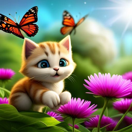 Fluffy Kitten Pouncing in Flower Garden: 3D Digital Art