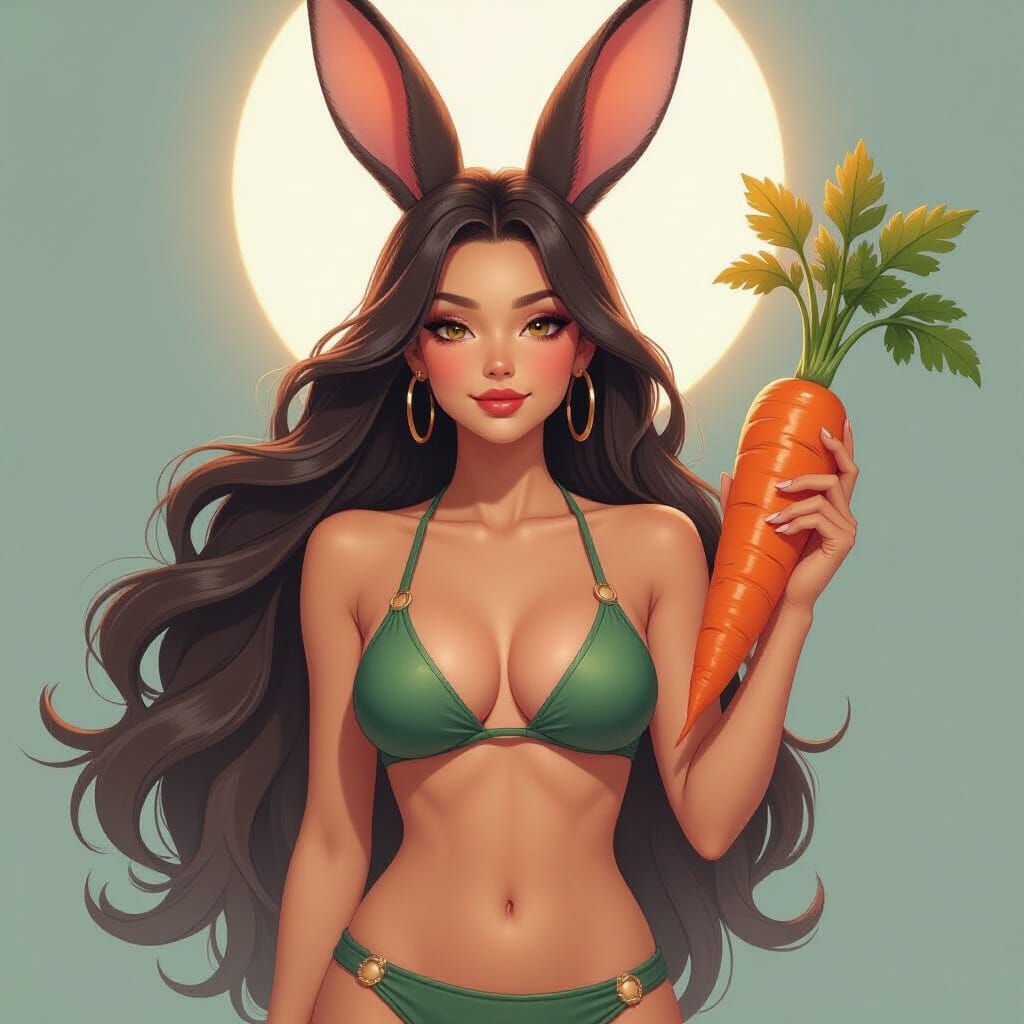 Stunning Rabbit-Woman Hybrid with Carrot in Swimsuit