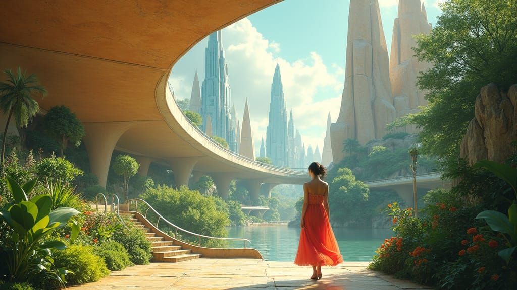 Utopian Cityscape with Serene Woman in Futuristic Style