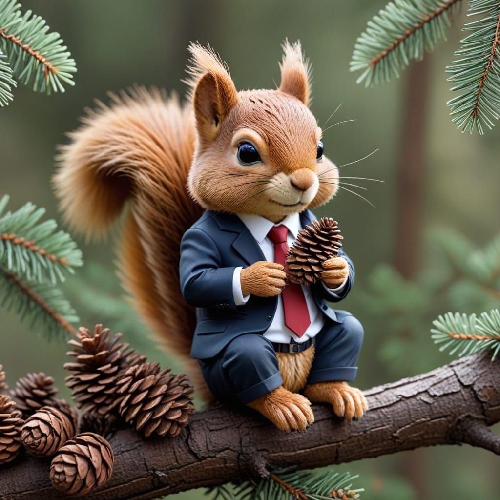 Chibi Business Squirrel in a Coniferous Tree