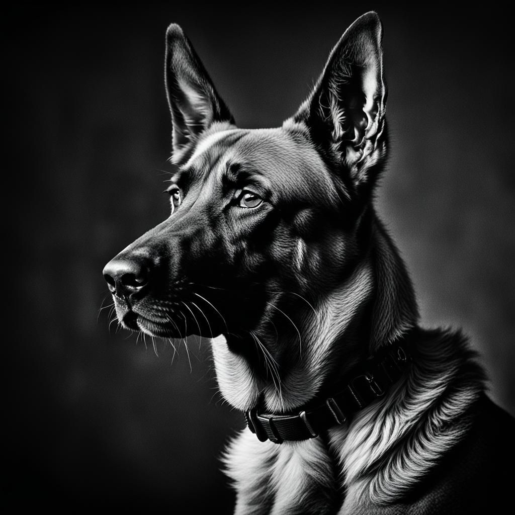 Military Malinois Portrait in Black and White