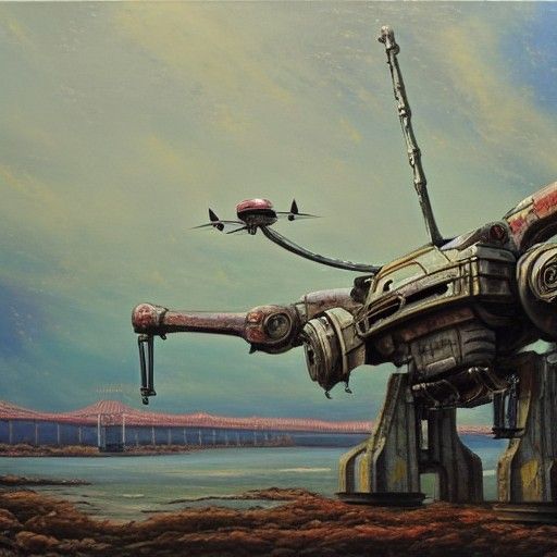 Decaying Robot Drone by Riverbank: Oil Painting