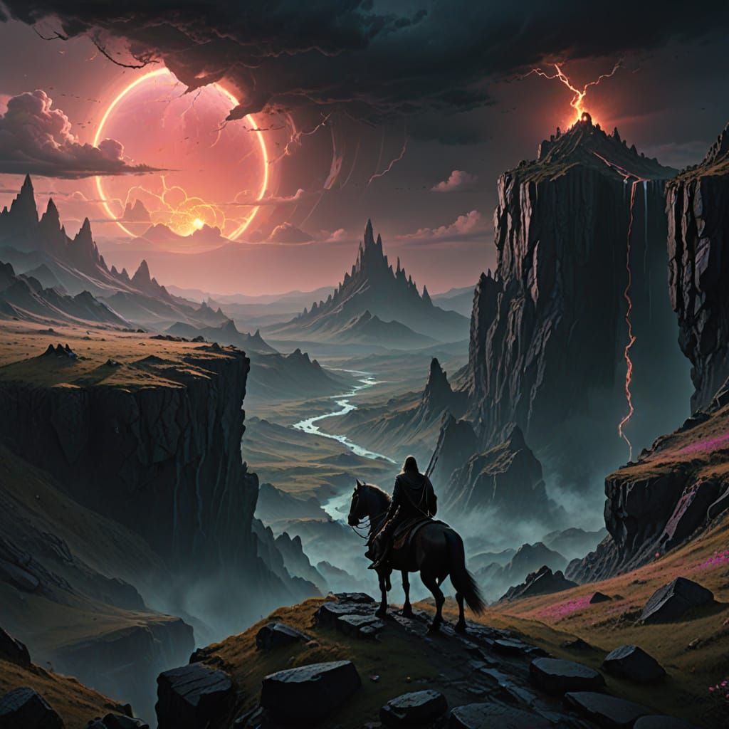 Dark Warrior on Majestic Horse at Cliff's Edge