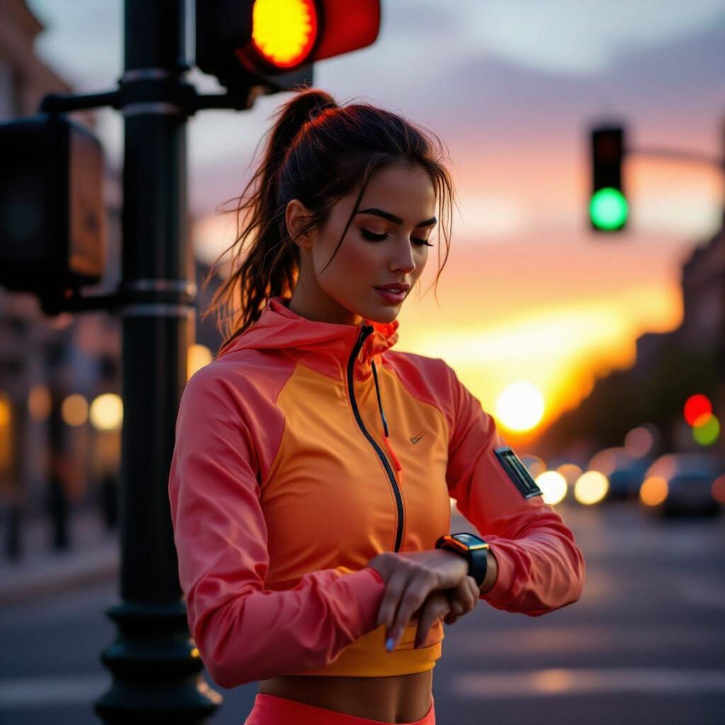 Fit Jogger Checks Smart Watch at Sunset