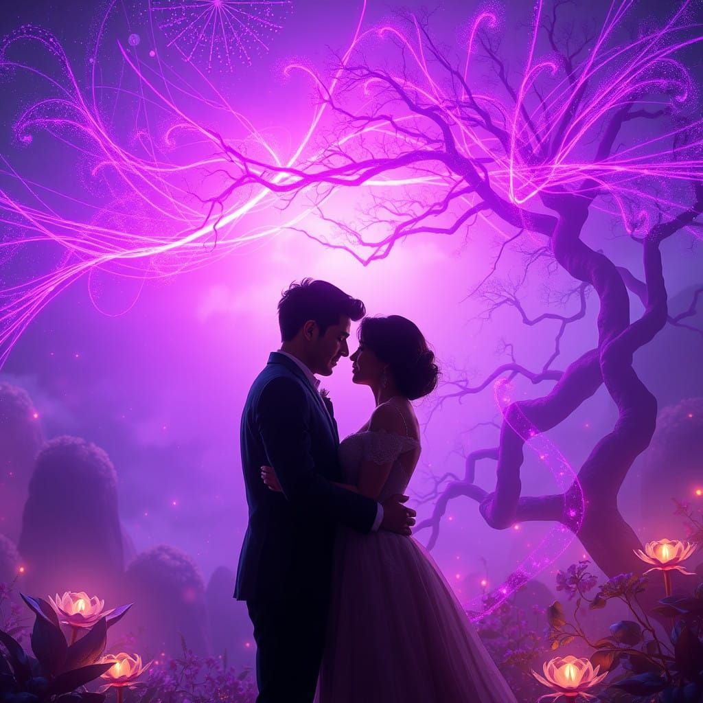 Romantic Couple Under Enchanted Purple Sky