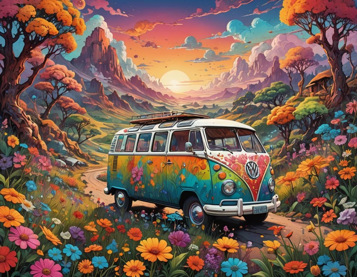 Psychedelic 60s VW Van in Vibrant Landscape