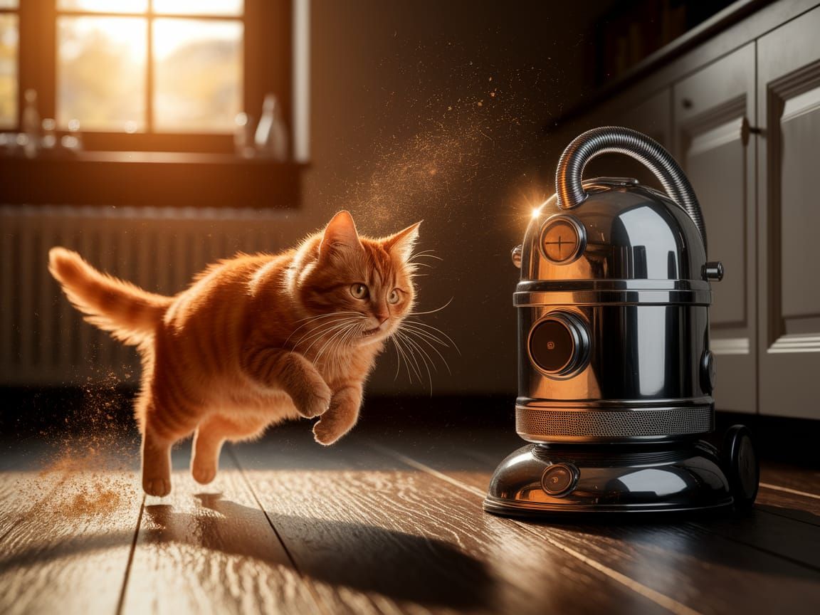 Ginger Cat Flees Vintage Vacuum in Golden Afternoon Light