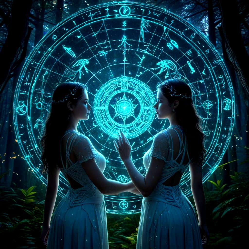 Mystical Gemini in Fantasy Forest: Digital Art