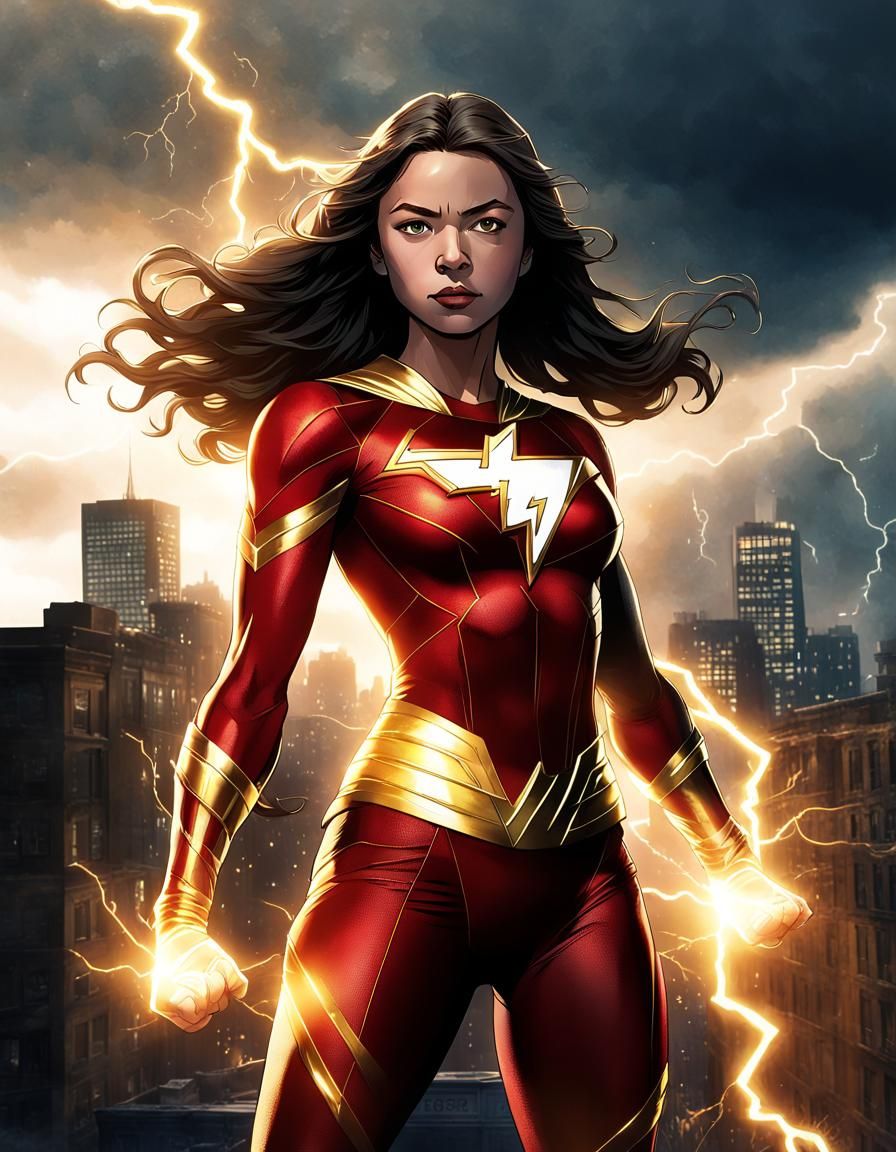 Mary Marvel Strikes a Heroic Pose in Comic Art
