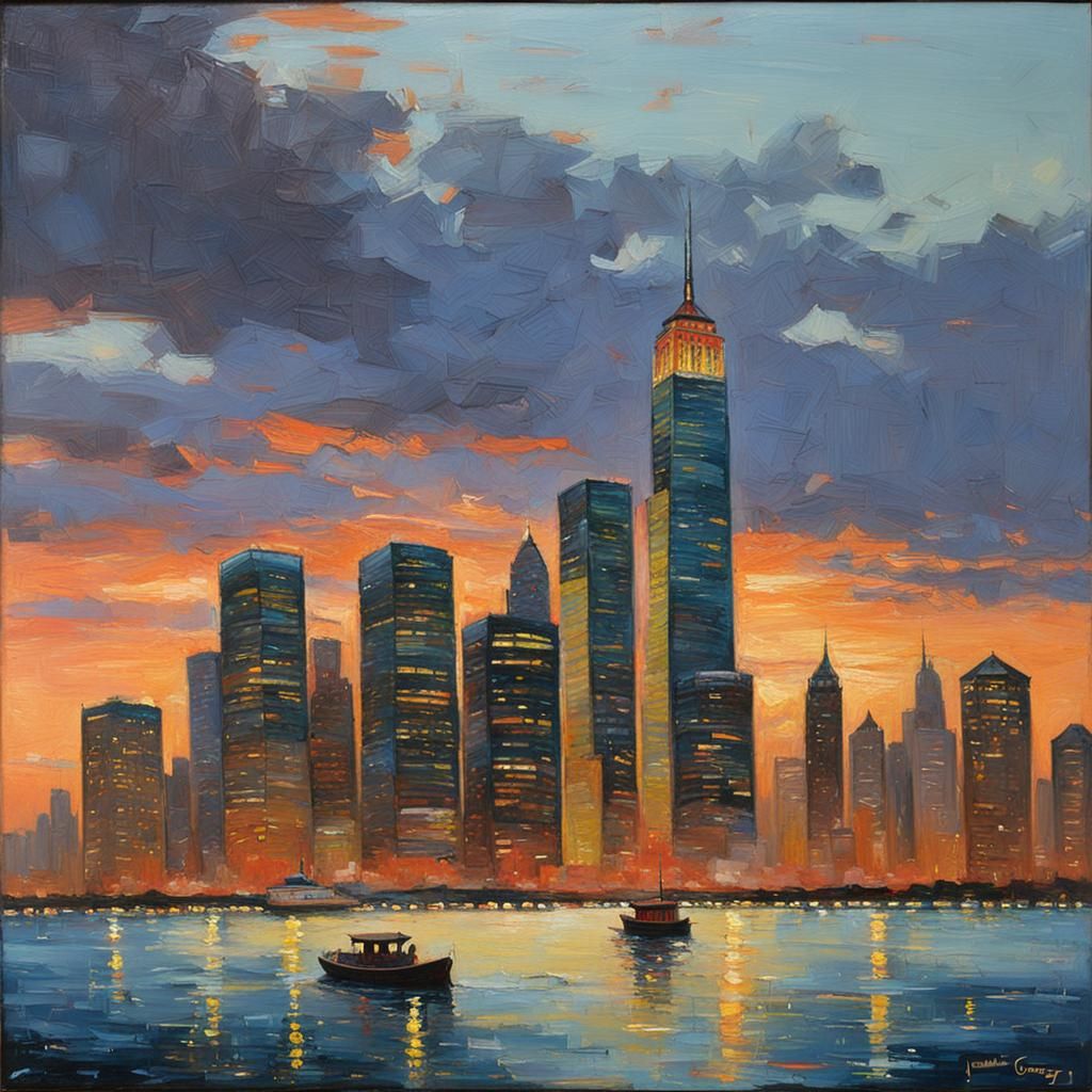 City Skyline Sunset Oil Painting