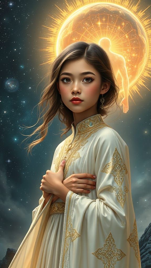 Teenage Girl Near Portal in Cosmic Art Style