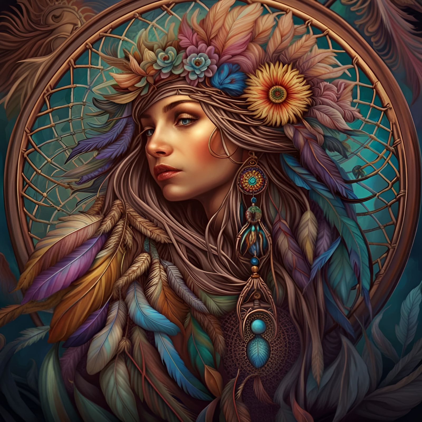 Intricate Dreamcatcher with Feathers in Art Nouveau Style