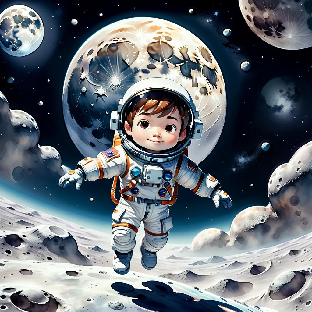 Boy Astronaut Floating in Space, Watercolor Style