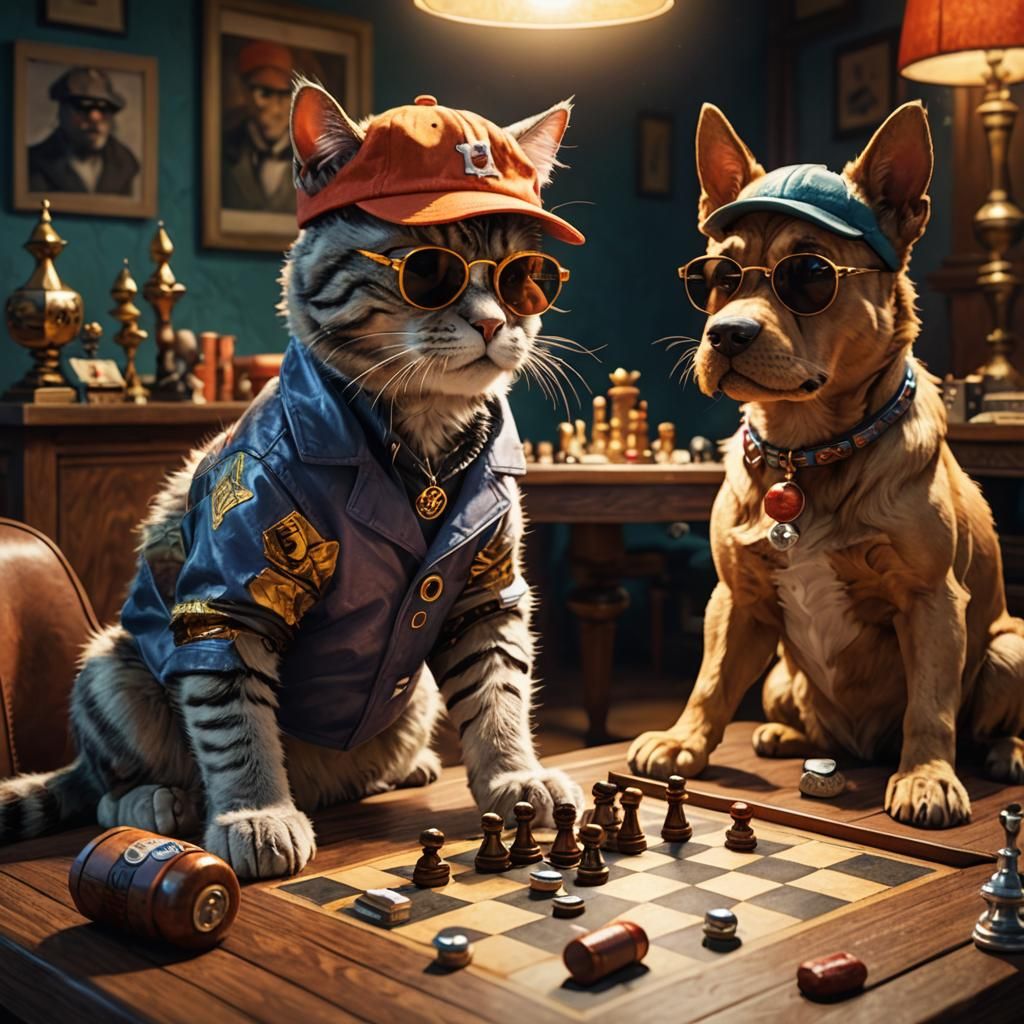 Cat and Dog Chess Game in 3D Digital Art Style