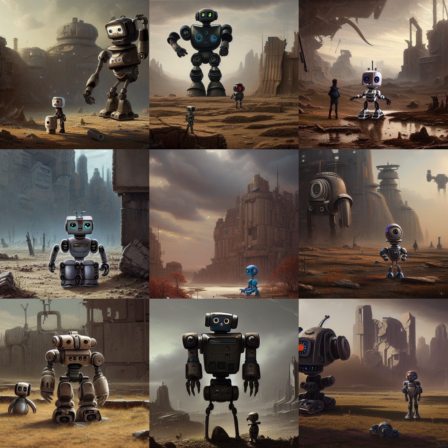 Hyperrealistic Robot in Ruined Dystopian Landscape