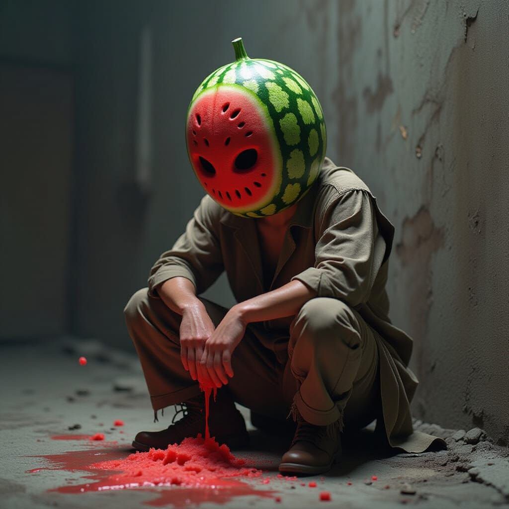 Watermelon Head Figure in Dystopian Explosion