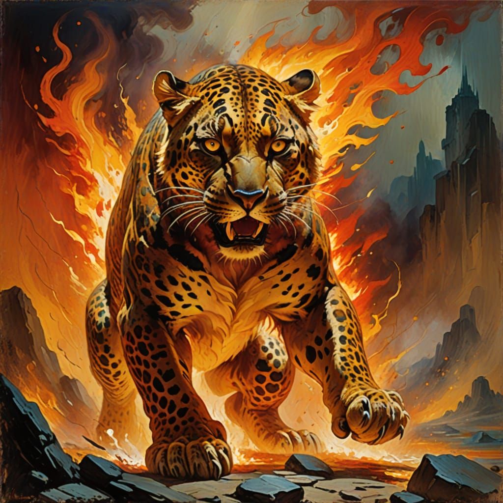 Fiery Leopard Pouncing in Dynamic Impasto Oil Painting