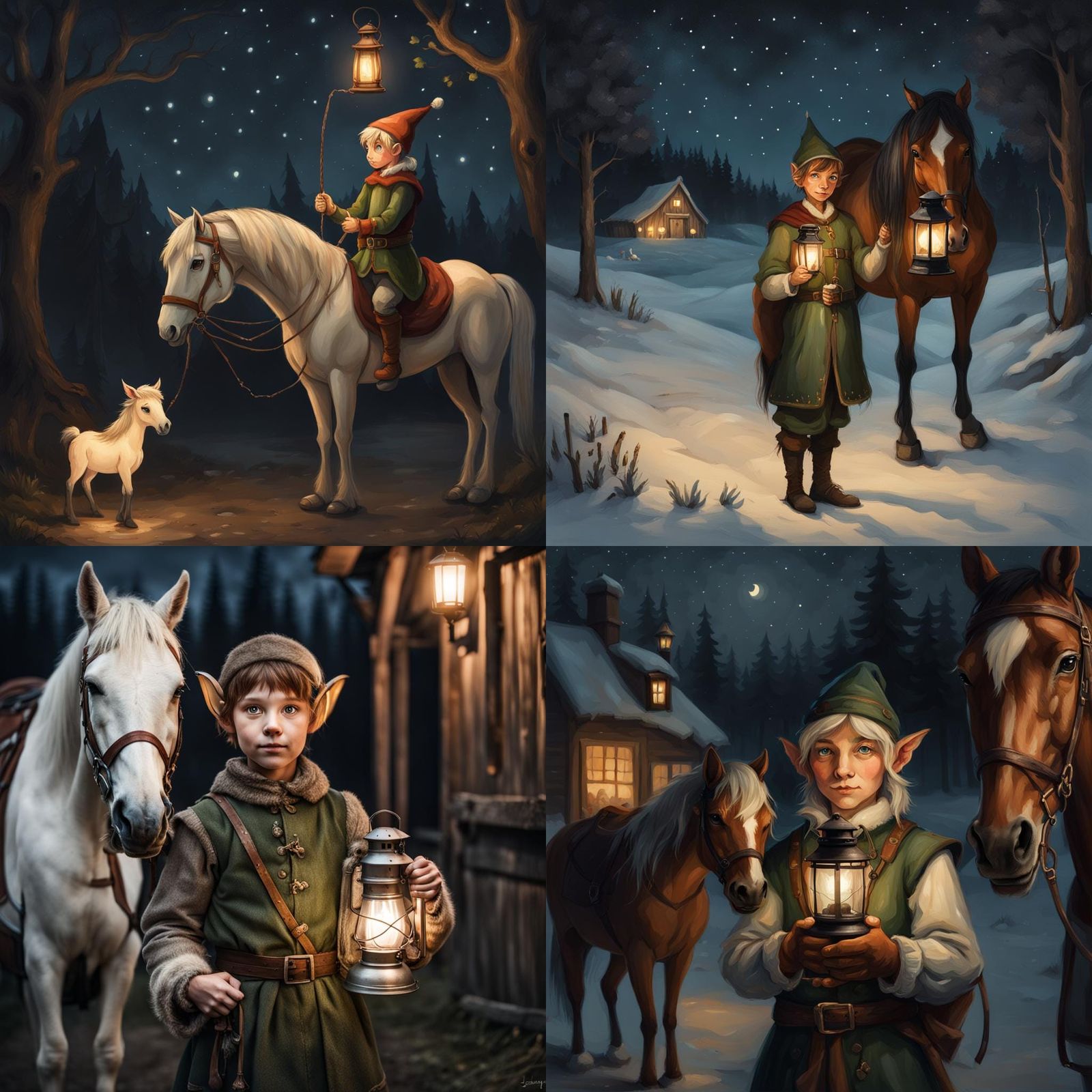 Elf and Horse at Night in Nordic Painting Style