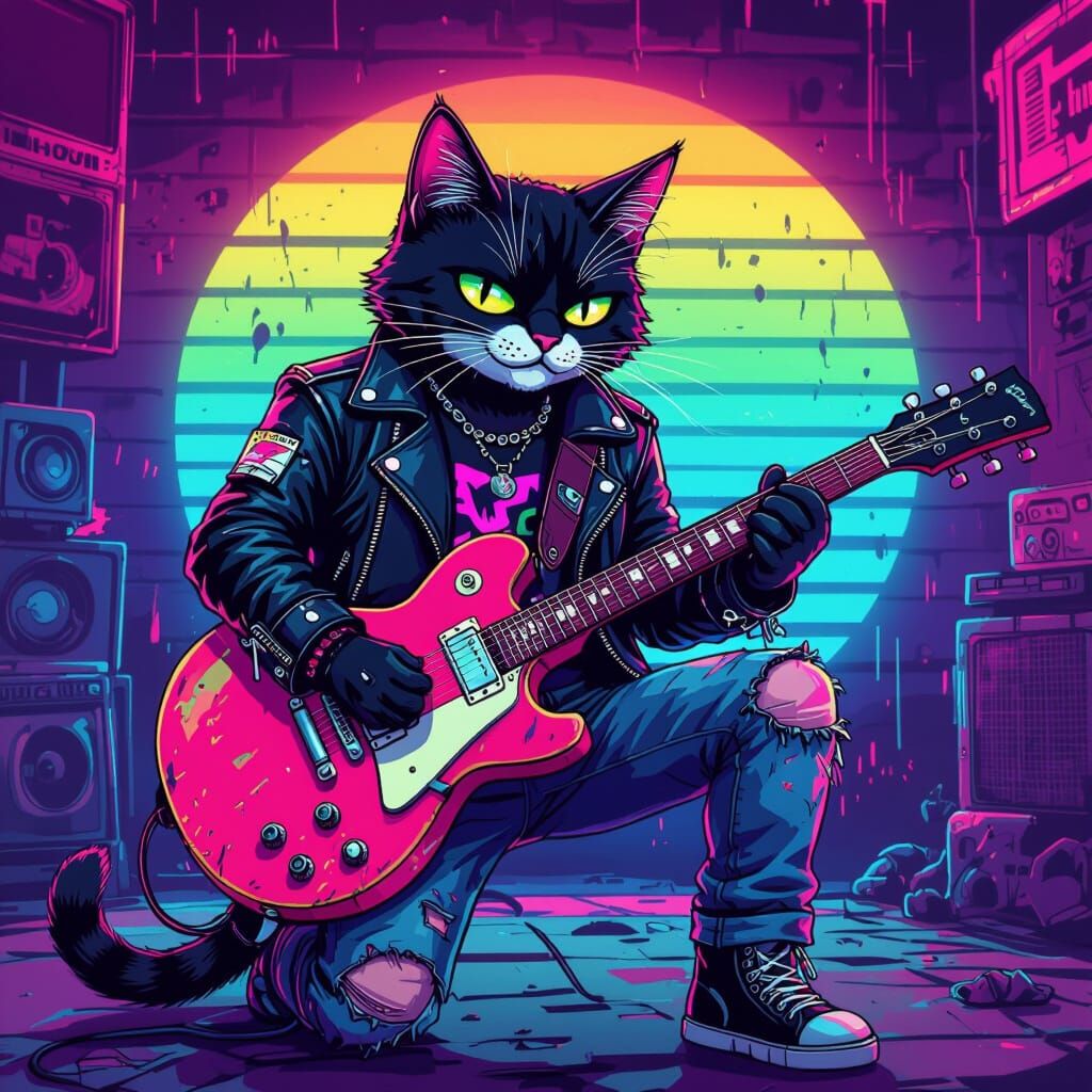 Punk Rock Cat in Retrowave Cartoon Style
