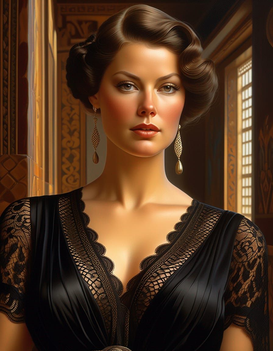Beautiful Woman in Black Lace: Digital Painting