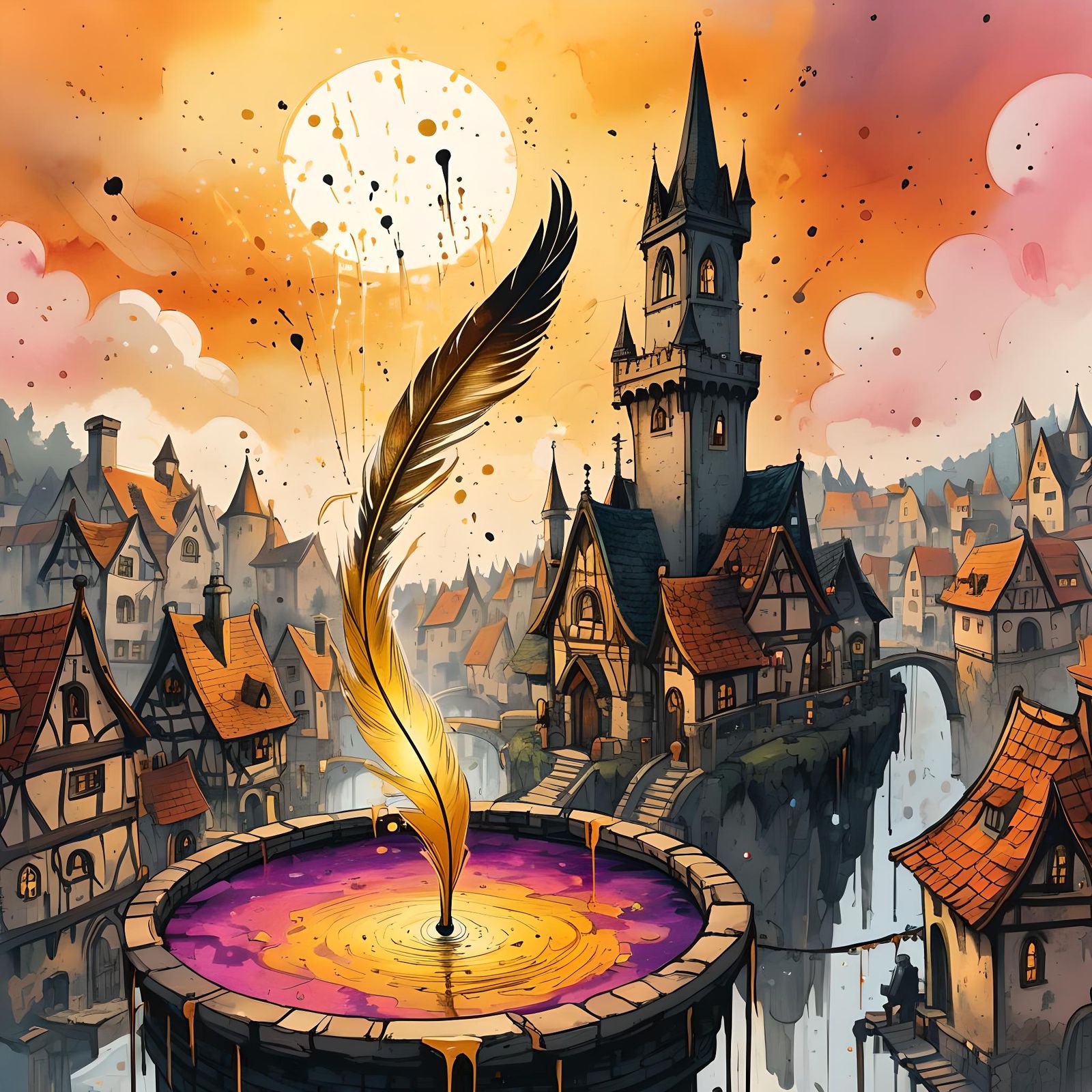 Flying Golden Quill in Gothic Village
